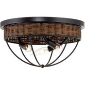 Wholesale - Dunmore 14" 3-Light Modern Farmhouse Flush Mount Ceiling Light, Open Dome Style Lighting + Brown Woven Basket Accents, Rattan Wicker Shade Design + Brown/Oil Rubbed Bronze Finish, UPC: 810018525118